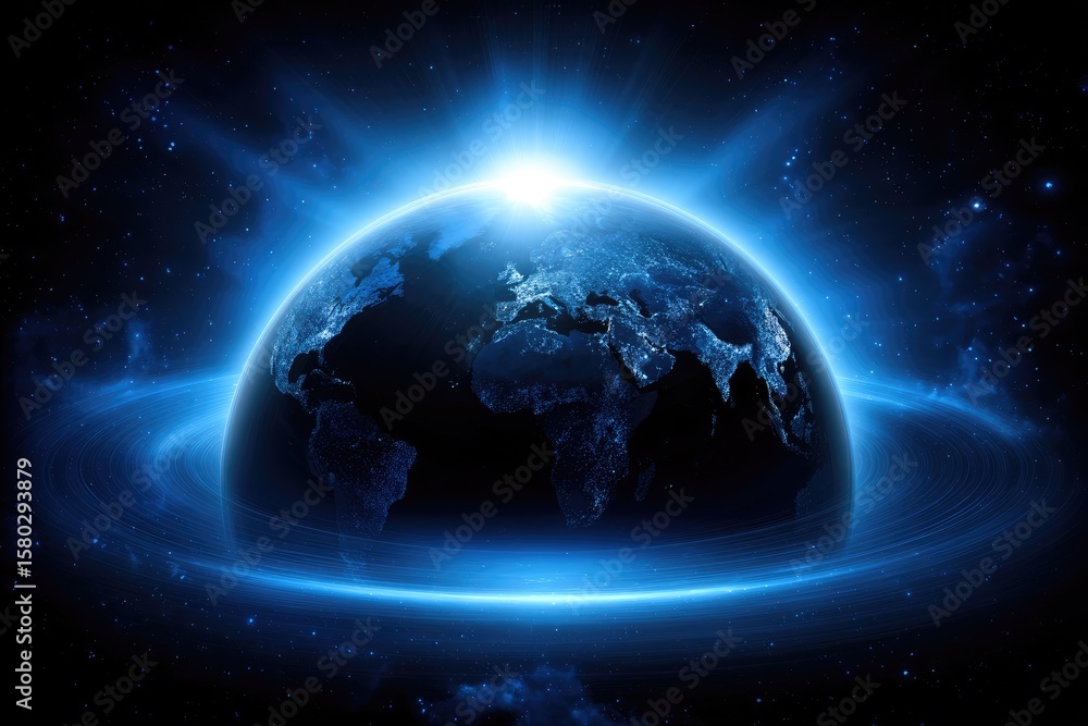Fototapeta premium Earth globe, vibrant blue glow, cosmic rings