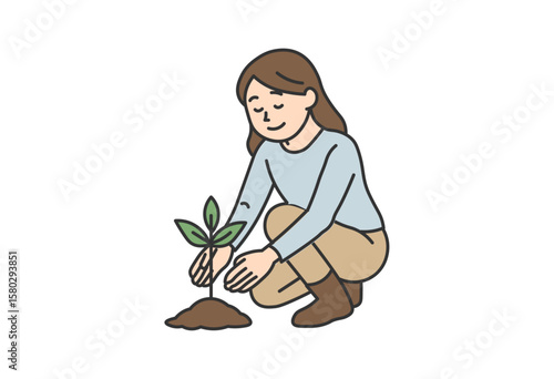 Woman Planting a Sapling – Environmental Illustration
