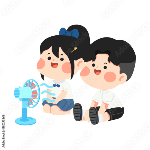 Illustration of Children Cooling off with Fan