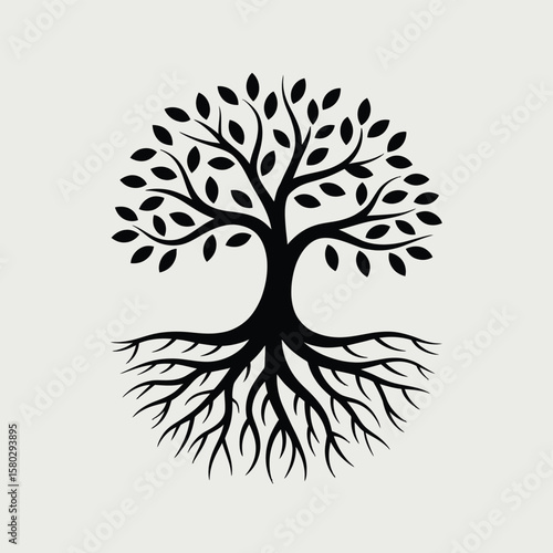 Stylized black tree of life with visible roots and leaves on white background