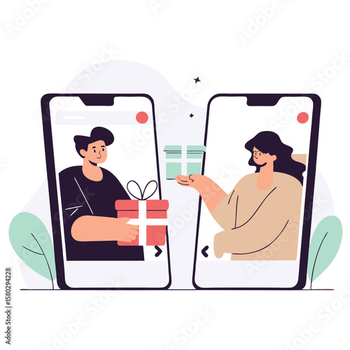 People exchanging gifts via mobile phones gift exchange online gifting