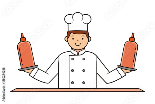 Smiling cartoon chef in uniform holding two orange squeeze bottles ready for culinary creation