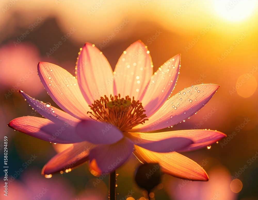 Fototapeta premium Serene lotus blossom at sunrise with dewdrops and warm glow