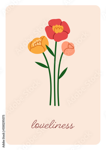 Floral card design with gentle spring blooms. Gorgeous garden flowers, stems,...