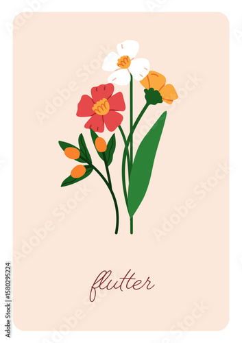 Floral card design with spring blooms. Gentle summer flowers, wildflowers, be...