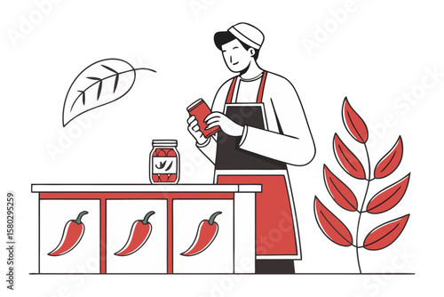 Chef preparing pickled chili peppers in a jar with fresh peppers displayed on a counter