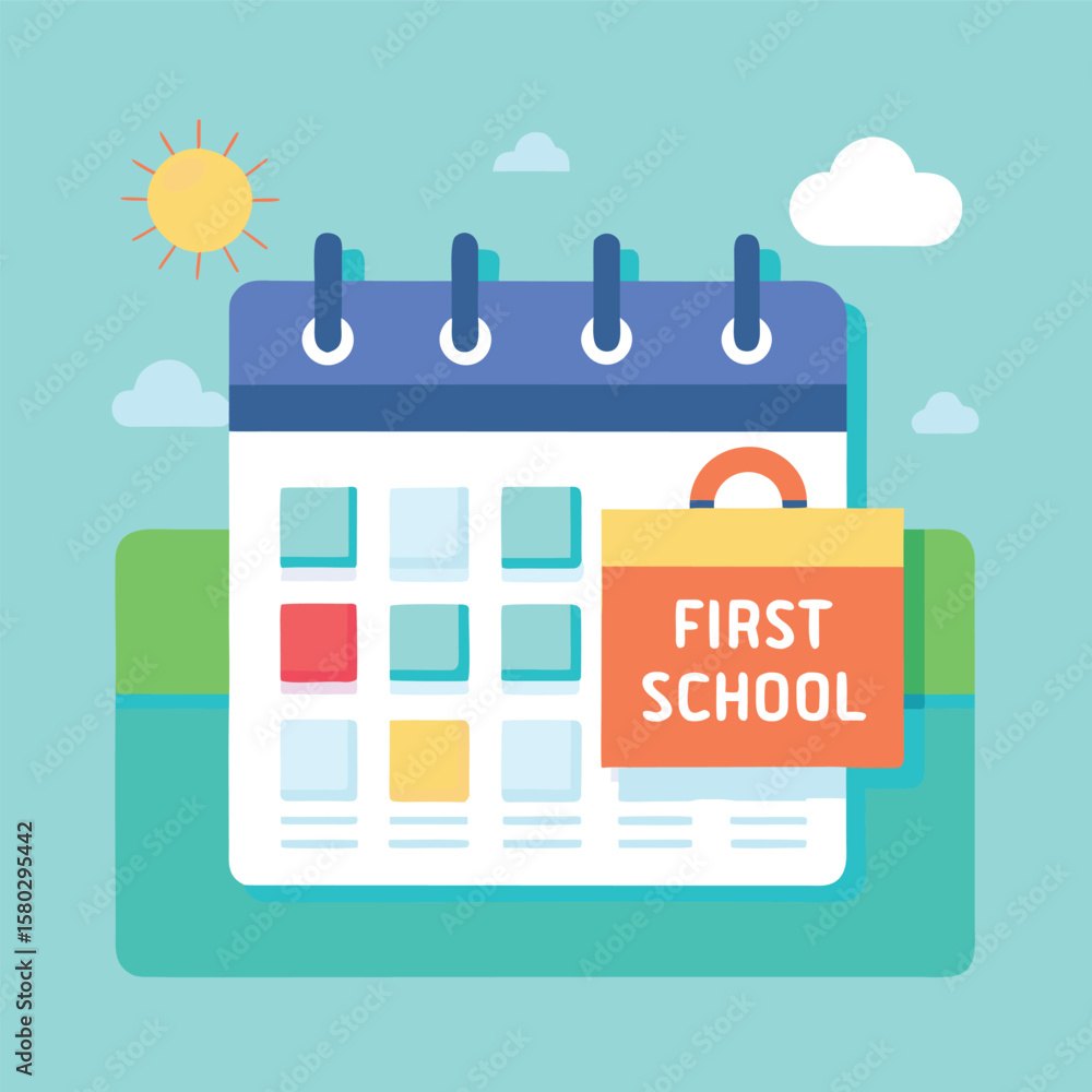 Fototapeta premium Vector art of a colorful calendar illustration marking the first day of school 