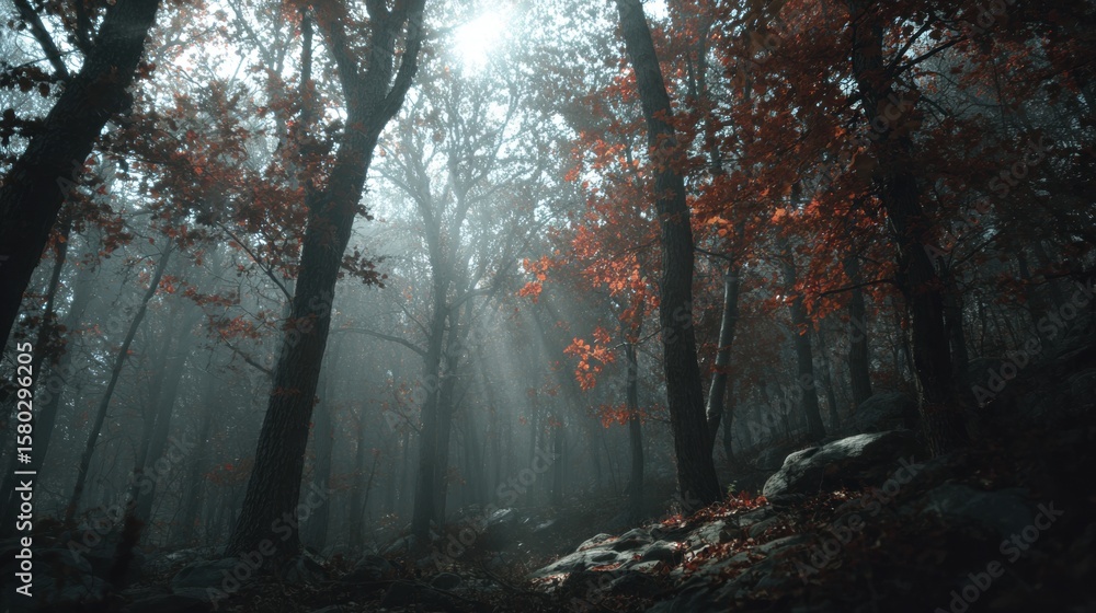 Obraz premium Mysterious forest shrouded in fog with red leaves illuminated by sunlight