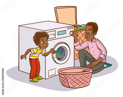 Little boys helping their father do the laundry with the washing machine. The father and the children are operating the washing machine