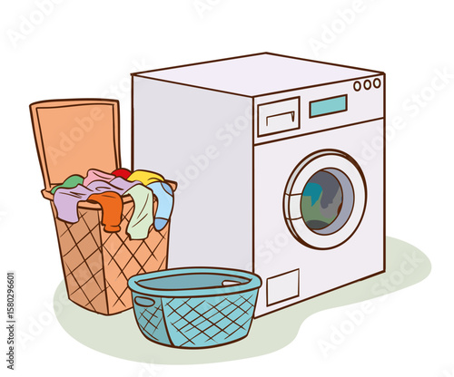 Laundry, washing machine, dirty laundry basket, cartoon vector illustration