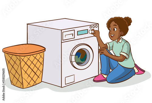 woman doing laundry. Young woman throws dirty laundry into the washing machine. Cleaning and hygiene, routine and household chores. House cleaning and housework. Cartoon flat vector illustration