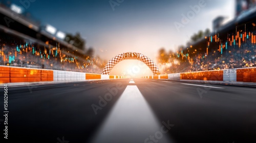 Race Track Perspective: A dramatic perspective shot of a race track, emphasizing the start or finish line and the stadium, evoking a sense of speed, competition, and the thrill of racing.
