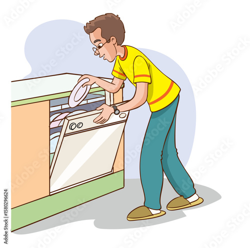 Man with dishwasher and clean plates. Male character doing housework. Young man using household appliance. Vector illustration on white background.