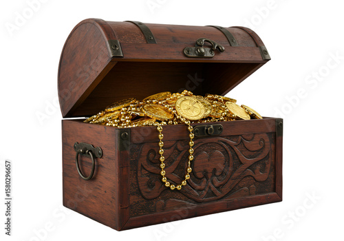 Illustration Of Treasure Chest Full Of Gold Coins And Jewelry In Transparent Background
