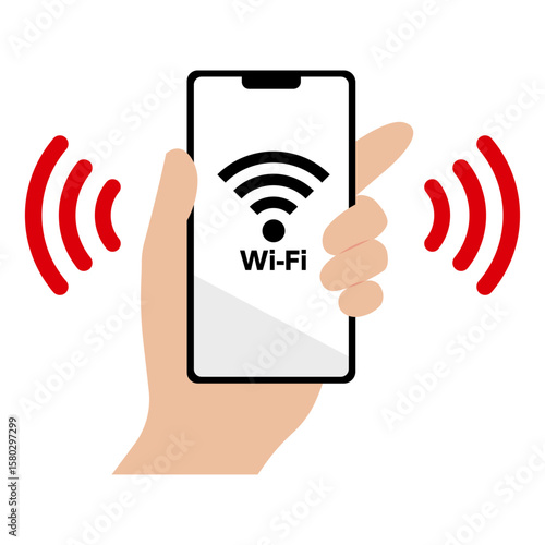 Wi-Fiに接続されたスマートフォンを持つ手のイラスト素材