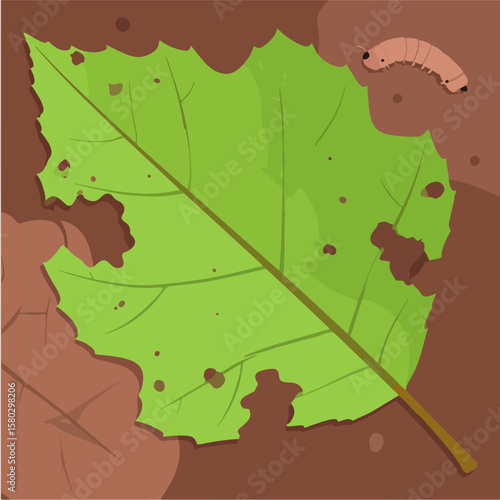 A light brown cartoon caterpillar nibbles on a bright green leaf with holes lying on the ground, depicting a simplistic, nature-themed illustration.