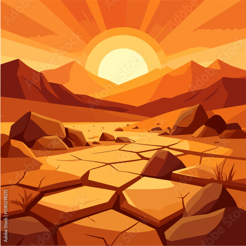 An illustration of a parched desert landscape featuring cracked earth, scattered rocks, and distant mountains under a blazing sun with radiating beams, all in shades of orange.