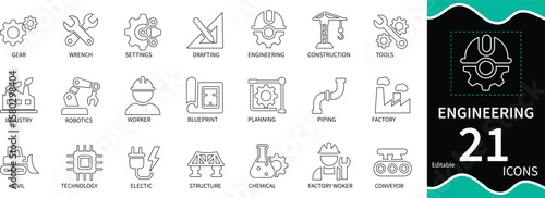Flat vector icons of gears, tools, helmets, and blueprints. Perfect for engineering, construction, and industrial design projects.