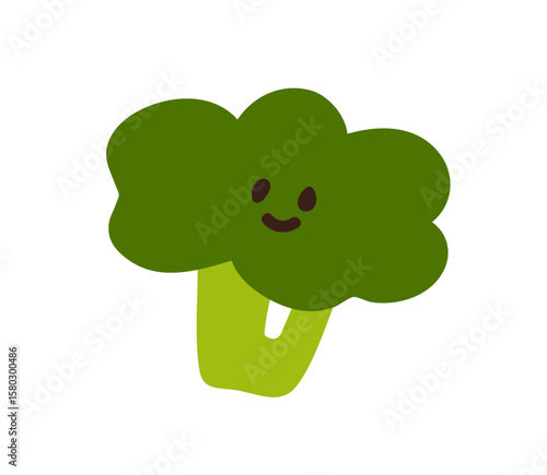 Broccoli character with happy smile. Cute funny vegetable with face in doodle...
