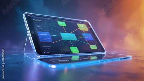 Crystal-clear tablet displaying workflow diagram