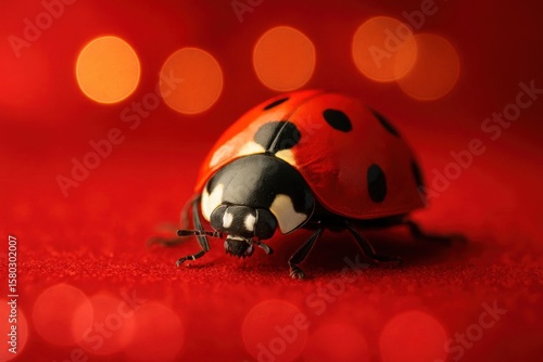 A ladybug in solitude, captured amidst a sea of red bokeh lights