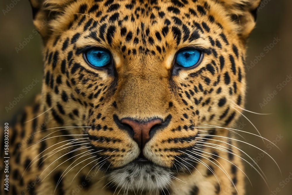 Obraz premium The striking blue eyes of a leopard stand out against its patterned coat in this close-up, evoking a sense of wild beauty and power