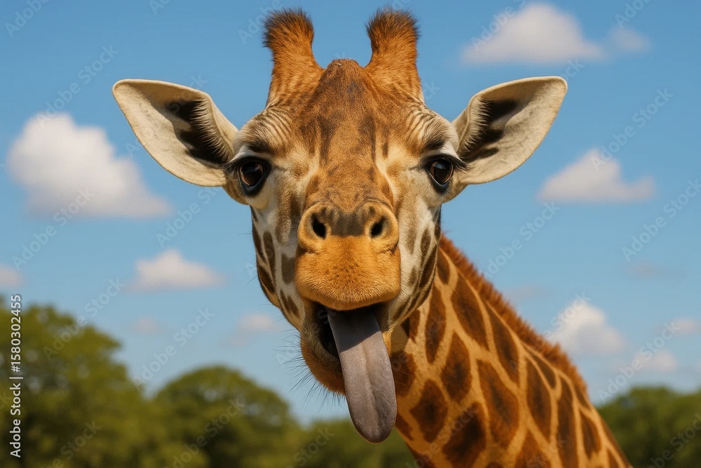 Naklejka premium Capturing the essence of nature's beauty, this majestic giraffe stands tall against a backdrop of azure skies dotted with fluffy white clouds