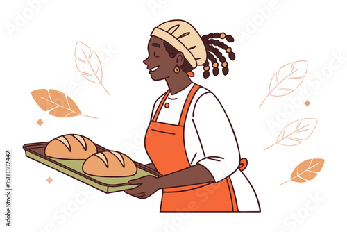 Joyful black baker proudly presents freshly baked bread on a tray surrounded by autumnal leaves and sparkles