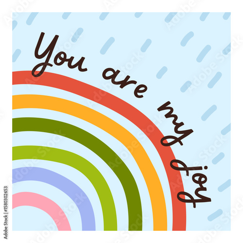 Rainbow and phrase, summer post card design. Colorful doodle postcard with jo...