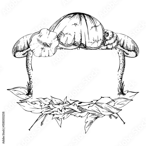 Bolete cep mushroom on top of autumn leaves pile with twigs. Fungi forest harvest, edible raw ingredient for vegan cooking. Copy space frame hand drawn in vector ink. Seasonal planner, menu cookbook