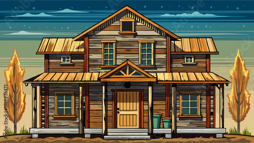 Weathered barn wood facade cladding for a vintage appearance on a suburban home Very beautiful White background