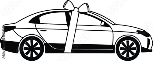 Illustration of a Sedan Car Wrapped with Ribbon, a Gift for a Special Celebration