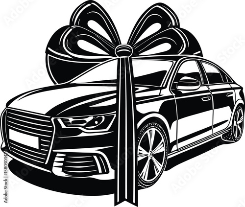 Elegant Car with Gift Bow Silhouette Luxurious Automotive Present Celebration Surprise Motivation Generosity Congratulation Achievement Dream Vehicle