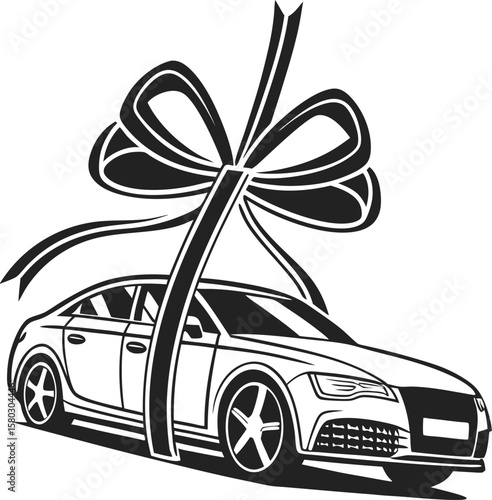 Elegant Car with a Gift Ribbon Graphic Black and White Celebration of Automotive Luxury and Generosity
