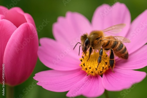 A Bee Collects Nectar from a Pink Cosmos Flower