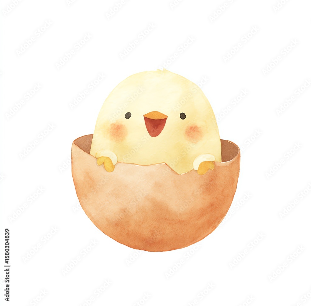 Fototapeta premium Adorable Watercolor Chick Peeking from its Cracked Eggshell, Joyful and Cheerful Springtime Scene