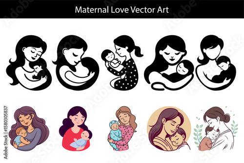 Various maternal figures lovingly cradle infants in a collection of heartwarming depictions shown in this art