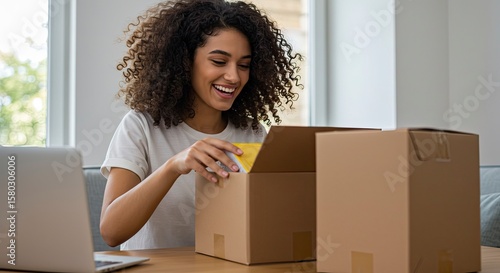 Excited Woman Unboxing Package at Home with Laptop Nearby