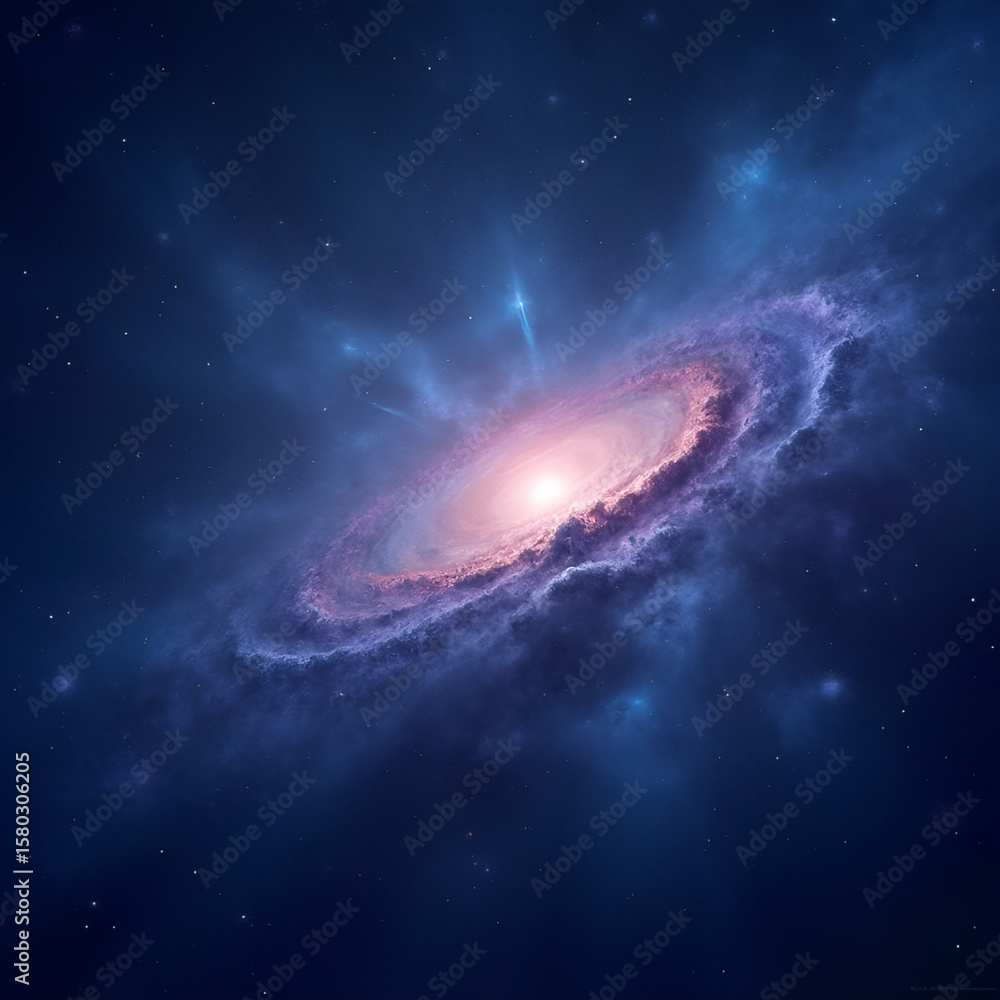 Obraz premium Bright Spiral Galaxy in Deep Space with Blue and Purple Nebula