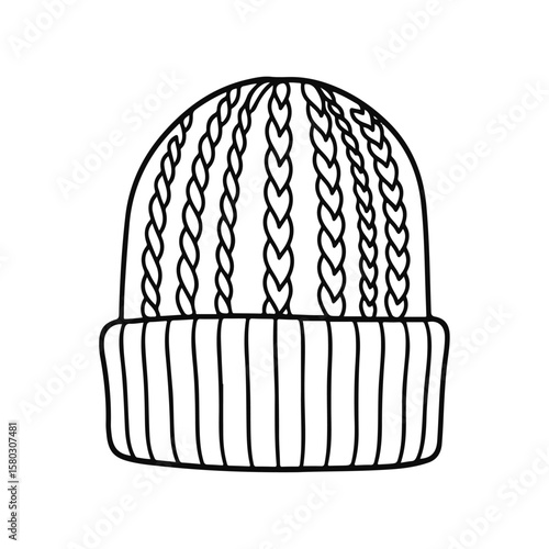Simple cute hand-drawn vector icon line illustration of a knitted beanie with vertical stitch pattern and folded ribbed brim in minimalist black outline style on white background