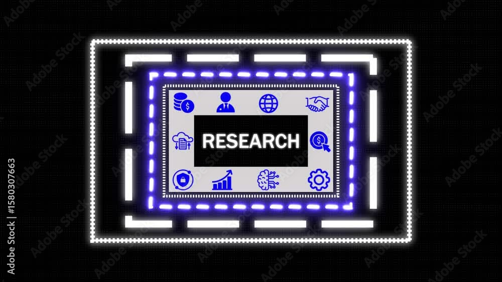 A Research button on a clear projection ,Business, Technology and network concept. Animated Dynamic wave of color particles. Digital technology background random dot 4K. A Research button on a clear projection ,Business, Technology and network concept. Animated Dynamic wave of color particles. Digital technology background random dot 4K.