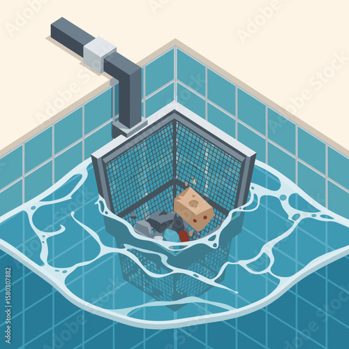 Pool skimmer basket filled with debris, for blogs, with copy space