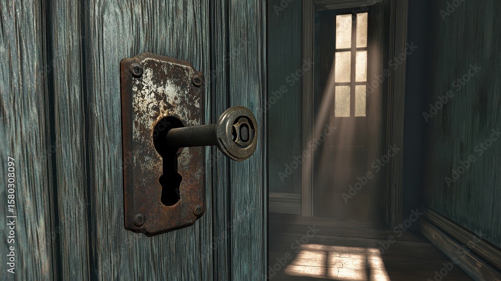 Obraz premium Antique Keyhole with Door Light and Shadows in Abandoned Room