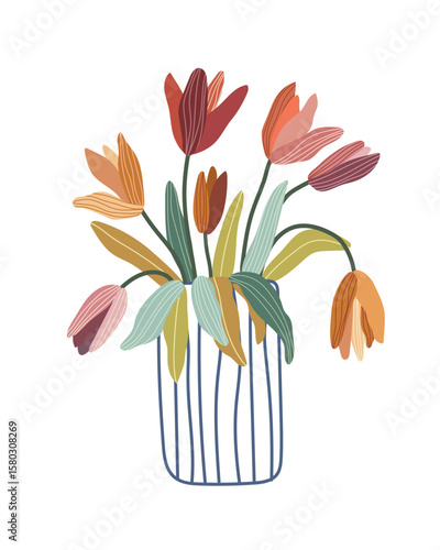Pattern with tulips in vase, vase with lines and different colors tulips. Vector illustration with flowers and leaves.