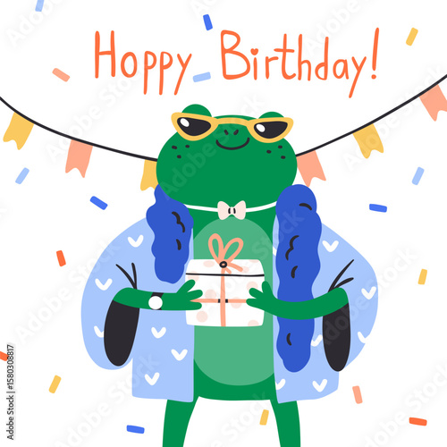 Funny birthday card design with fashion frog and gift box. Modern happy anima...