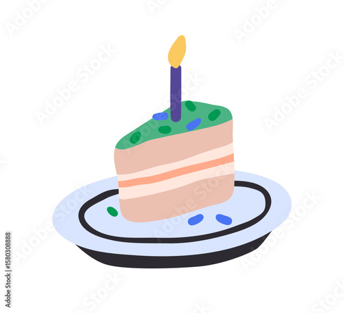 Happy birthday cake piece with candle. Sweet festive dessert, cut slice served on plate. Yummy cream treat, holiday confectionery for party. Flat vector illustration isolated on white background