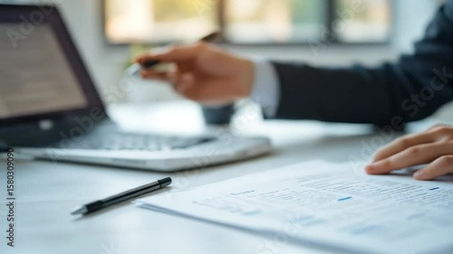 Close-up of a businessman writing on paper with a black pen at a modern office desk, with soft natural light and focused workspace mood.
