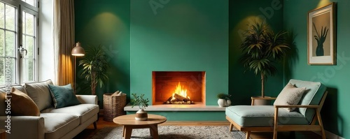 Cozy Green Fireplace Living Room Warm Lighting, Relaxing Atmosphere, Perfect for Comfort and Relaxation