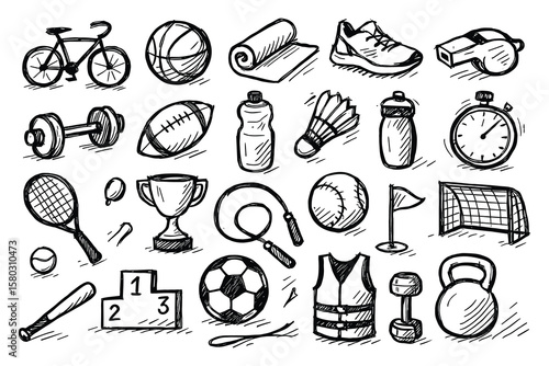Hand Drawn Sports Equipment Icons: Doodle Set Featuring Fitness and Activity Gear