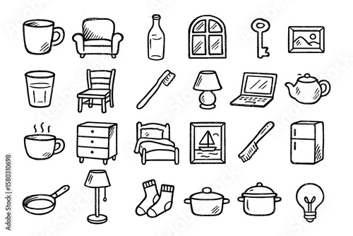 Hand-Drawn Home Objects: Collection of Line Art Icons for Interior Design Projects